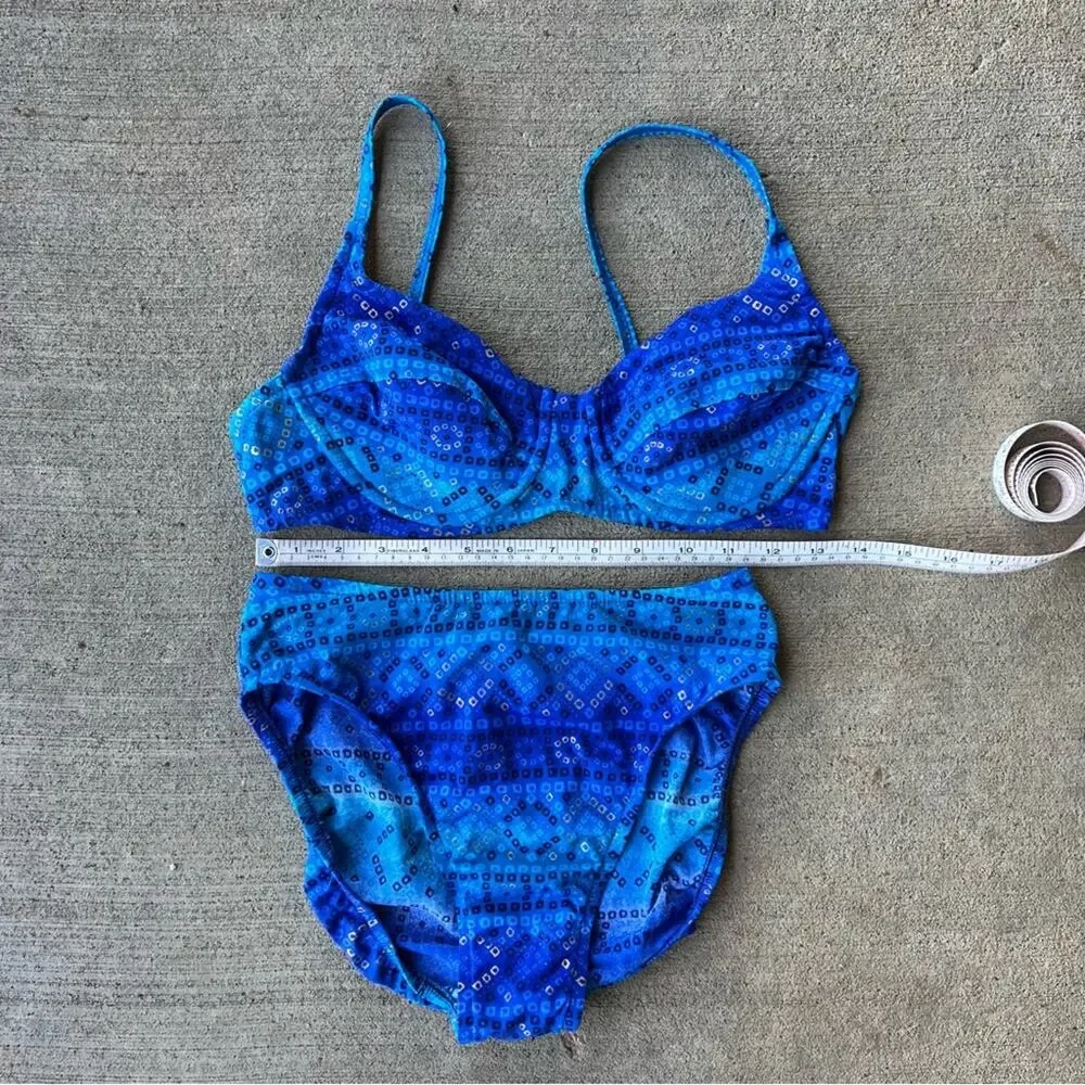 Vintage 90s Jantzen blue metallic diamond print high cut bikini swimsuit set